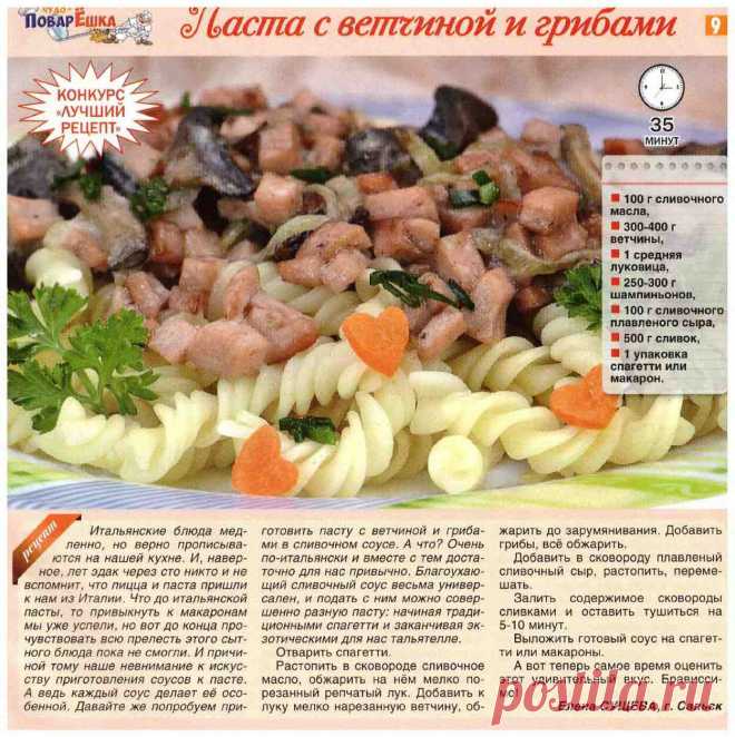 Паста с ветчиной и грибами