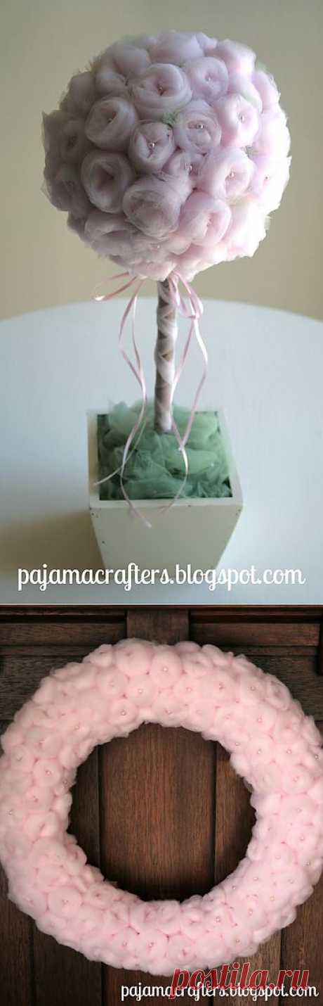 Розочки из тюля. Нежный венок и топиарий.