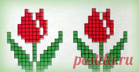 two red flowers made out of squares on a white background with green border around them