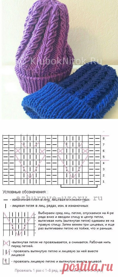Шапка узором «Колосок» | Вязание для женщин | Вязание спицами и крючком. Схемы вязания.