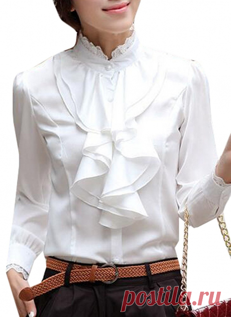 XQS Women Slim Fit Blouse OL Work Chiffon Flounce Lace Neck Tops at Amazon Women’s Clothing store: