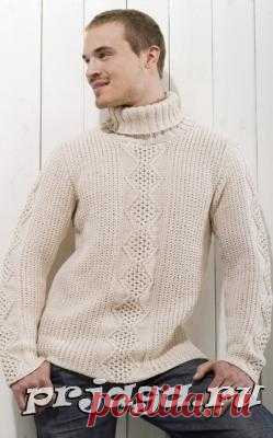 Мужской пуловер спицами текстурным и центральным узорами
