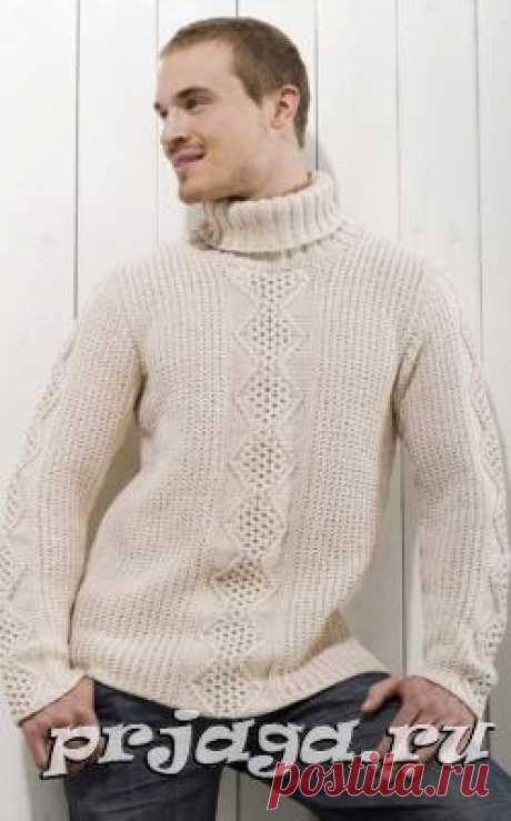 Мужской пуловер спицами текстурным и центральным узорами
