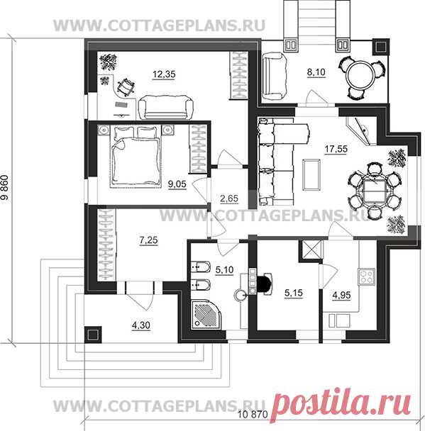 Проект дома 90-43 площадь 64.0 м2 из кирпича, керамических блоков, одноэтажный, с двумя спальнями - Движущая Сила