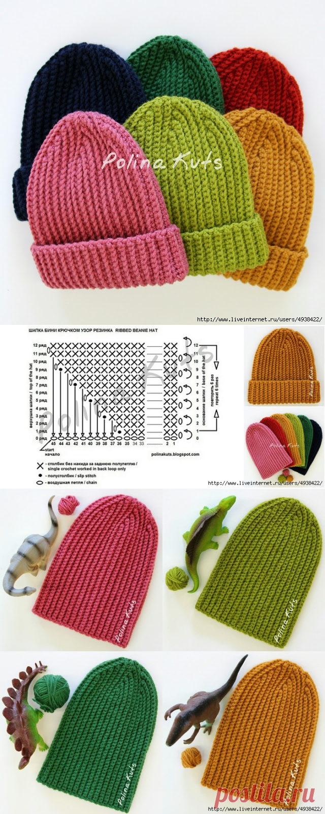 Шапка бини крючком узором "Резинка". Ribbed beanie hat.