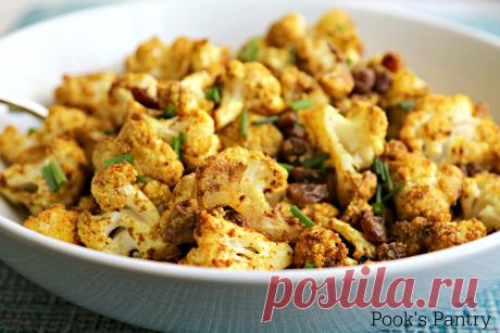 Roasted Curried Cauliflower with Golden Raisins and Ginger Curried cauliflower with golden raisins and ginger is a perfect side dish for chicken or steak, yet it can stand on its own for a meatless Monday meal.