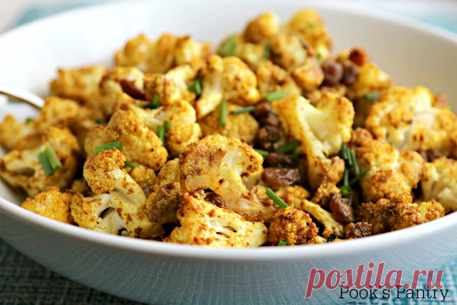 Roasted Curried Cauliflower with Golden Raisins and Ginger Curried cauliflower with golden raisins and ginger is a perfect side dish for chicken or steak, yet it can stand on its own for a meatless Monday meal.
