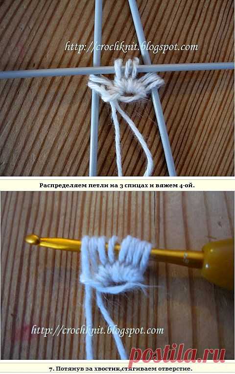 Набор петель для вязания салфеток,шапок от макушки,медальонов. Можно просто набрать нужное количество петель на спицах и распредить их на 3 спицах. Но я хочу показать другой, очень популярный способ набора петель крючком для вязания салфетки, берета, медальона спицами из центра. Этот метод позволяет регулировать размер отверстия!