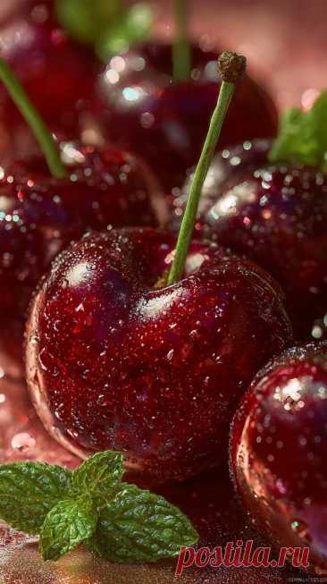 Яркие красные вишни на розовом фоне с блестками и мятными листьями. Генерация из нейронной сети Midjourney - Midjourney примеры промтов - Форум ИИ о нейросетях - Yes Ai