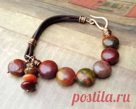 Beaded Leather Bracelet Rust Olive Brown Chartreuse Orange Earthy Colors Petrified Wood Beads Bronze