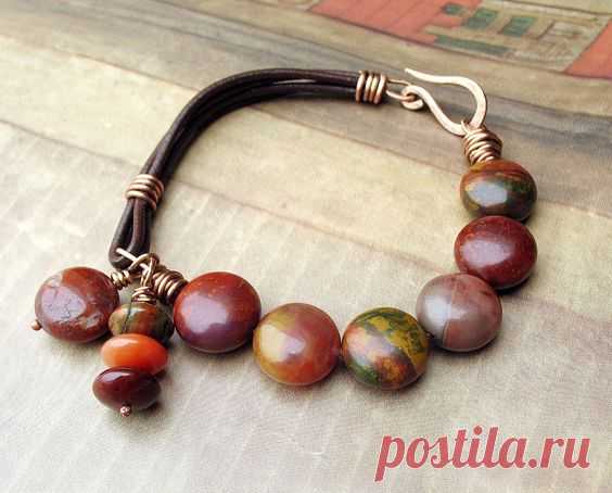 Beaded Leather Bracelet Rust Olive Brown Chartreuse Orange Earthy Colors Petrified Wood Beads Bronze