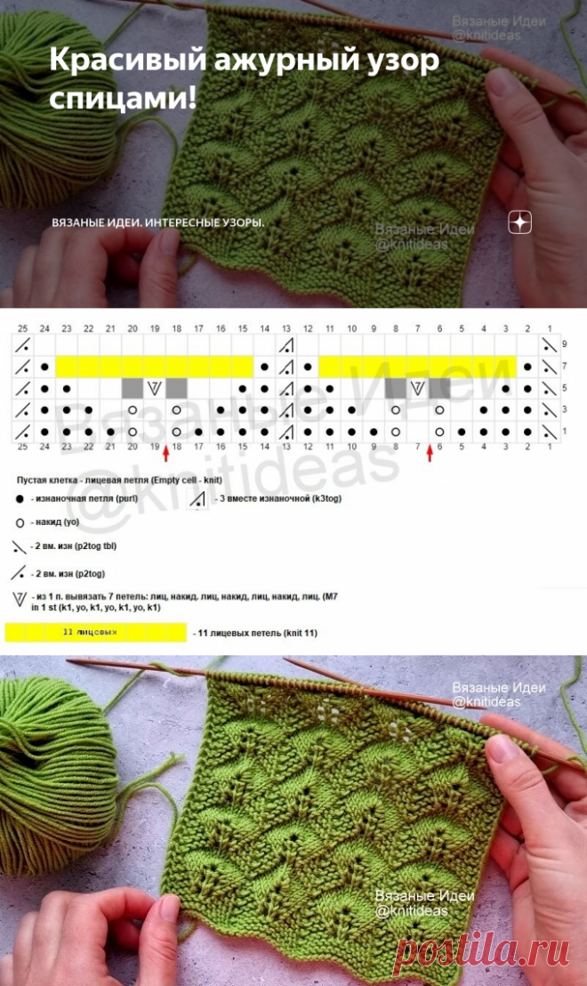 Красивый ажурный узор спицами! | Вязаные идеи. Интересные узоры. | Яндекс Дзен