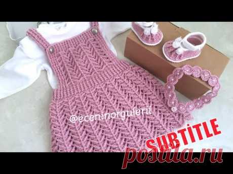 Tığ işi Güzel Modelli Örgü Salopet Elbise/Bahçıvan Model Elbise/12-24 ay için