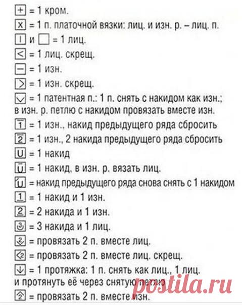Шпаргалка условных обозначений для вязания спицами.
Условные обозначения значительно помогают сократить время для чтения узора.