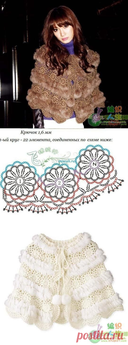 Пончо с мехом крючком