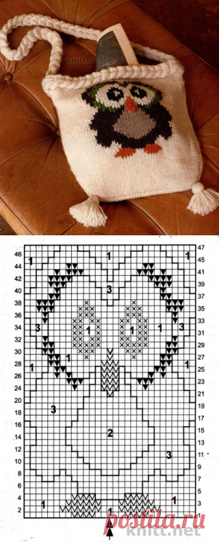 Вязаная сумка с мотивом сова в технике жаккард | knitt.net | Все о вязании