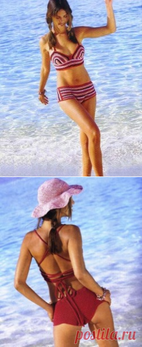 Полосатый вязаный купальник крючком с плавками шортиками