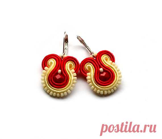 Delicate soutache earrings red ecru beige bridesmaid от SaboDesign