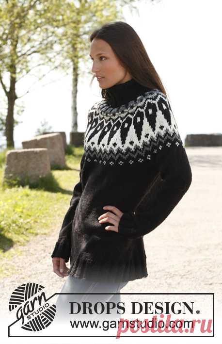 Nordic Urban / DROPS 140-11 - Gestrickter DROPS Pullover in 1 Faden „Big Fabel“ oder 2 Fäden "Fabel" mit gemusterter Rundpasse. Größe: S - XXXL. - Kostenlose Anleitungen von DROPS Design