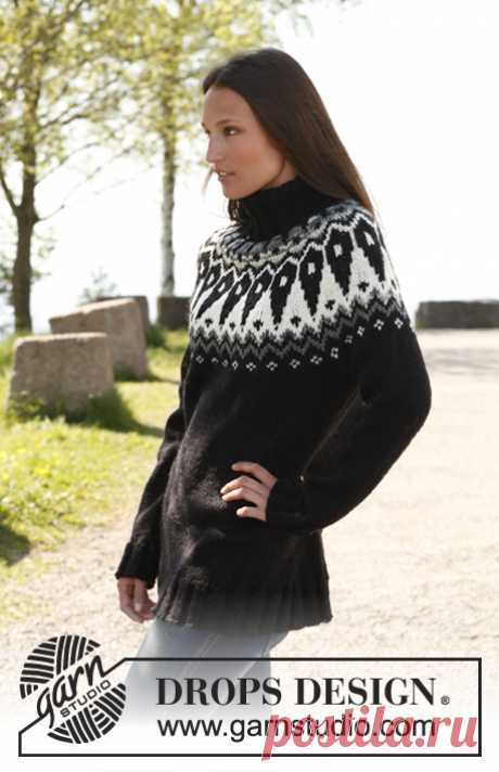 Nordic Urban / DROPS 140-11 - Gestrickter DROPS Pullover in 1 Faden „Big Fabel“ oder 2 Fäden &quot;Fabel&quot; mit gemusterter Rundpasse. Größe: S - XXXL. - Kostenlose Anleitungen von DROPS Design