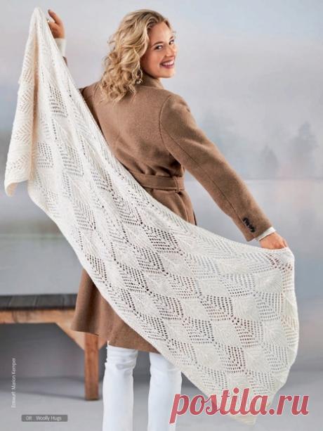 Стола легкая , как перышко, спицами (описание на немецком)

Размер: 55 х 170 см

Материал:
Woolly Hugs CASHMERE + (78% шерсти, 14% полиамида, 8% кашемира, длина около 190 м/50 г) от Langendorf & Keller: 300 г (цвет 02)
Вязальные спицы № 4-5
Плотность: 19,5 петель и 29 рядов = 10 х 10 см

Набрать 107п.