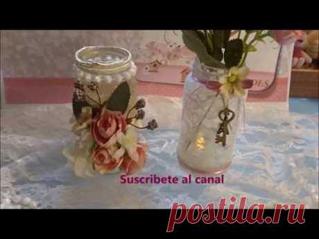 frascos de cafe decorado con encaje y flores