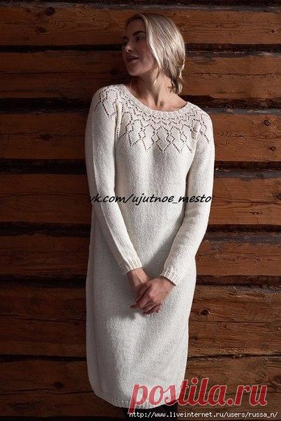 ПЛАТЬЕ СПИЦАМИ ОТ LEA PETÄJÄ
(перевела с финского до разделения кокетки на спинку, перед и рукава...))))

Размеры XS / S (M) L (XL) XXL 
Готовое изделие :
окружность груди 86 (94) 102 (110) 118 см 
длина одежды в центре спины 102 (104) 106 (108) 
Внутренняя длина рукава 110 см 46 (47) 48 (48) 49 см

Пряжа Novita Venla 
luonnonvalkoinen 400(450)500(550)600 g

Круговые спицы: 
Новита № 3½ (80 см) 
Новита № 3½ (60 см) 
Новита № 3½ (40 см) 

Резинка * 2 лиц, 2 изн *, повтор от...