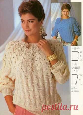Интересно смотрится пуловер и вяжется не сложно. Размеры: 38/40 (42/44) Вам потребуется: хлопчато-вискозная пряжа (дл. 120 м/50 г) натуральная или голубая 700 (750) г, круговые спицы № 3 и № 3,5. Резинка (спицами № 3): попеременно 2 лиц. п. и 2 изн. п. Узор планки (спицами № 3): попеременно 1 круг лиц. п. и 1 […]
