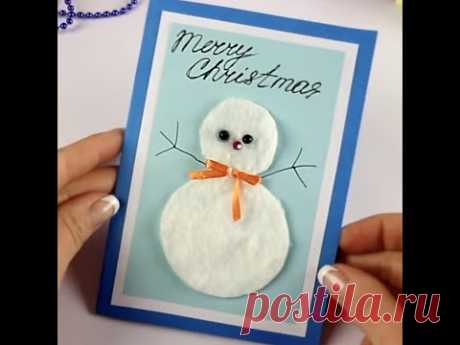 Снеговик из ватных дисков! DIY Новый Год #short Christmas card with a snowman made of cotton pads