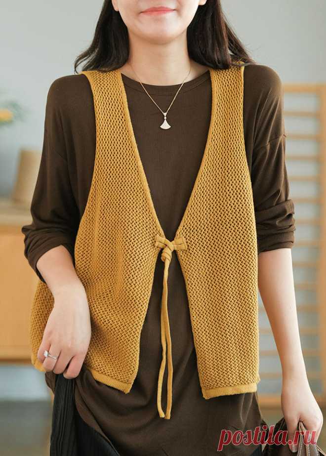 Chic Yellow V Neck Hollow Out Tie Waist Knit Vests Fall – Omychic