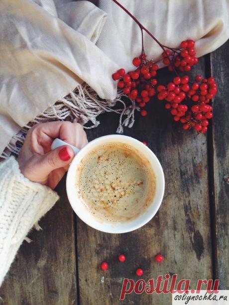 Чашка кофе и веточка красной бузины, фото на тему "Завтрак"
