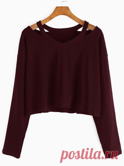 Burgundy Cut Out Neck T-shirt