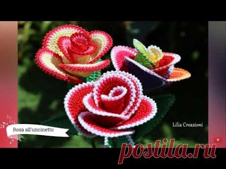 Tutorial rosa all'uncinetto. Урок вязания крючком цветка розы.