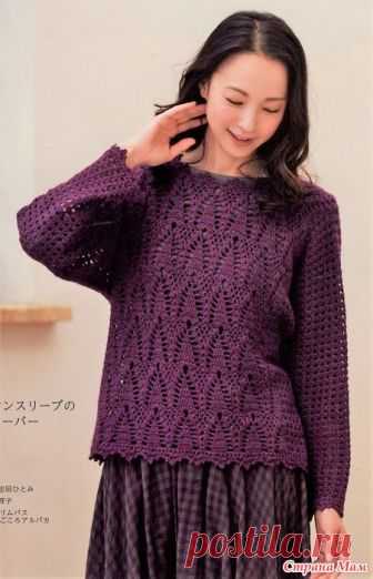 Ажурный пуловер с цельно кроеными рукавами-летучая мышь. Крючок. Lets_Knit_Series_80581 2018_2019