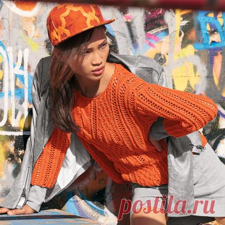 Оранжевый джемпер с миксом узоров - схема вязания спицами. Вяжем Джемперы на Verena.ru