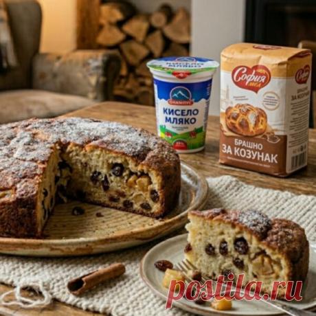 Йогуртовый пирог с яблоком и изюмом