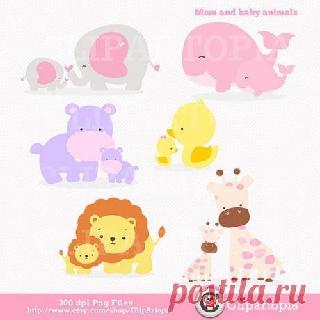 Mom and Baby Animal digital clipart / elephant, giraffe, lion, whale,…