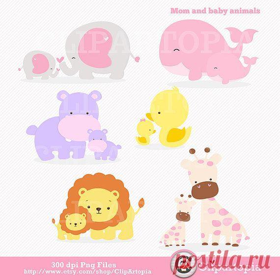 Mom and Baby Animal digital clipart / elephant, giraffe, lion, whale,…