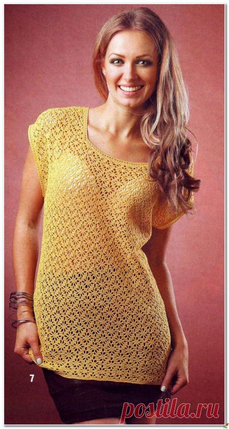 ЖЁЛТАЯ ТУНИКА ВЯЗАНАЯ КРЮЧКОМ..
