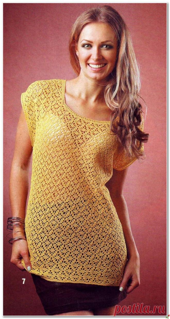 ЖЁЛТАЯ ТУНИКА ВЯЗАНАЯ КРЮЧКОМ..