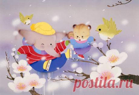 動物イラスト　梅の花、スケートをするゾウ、リス、小鳥達