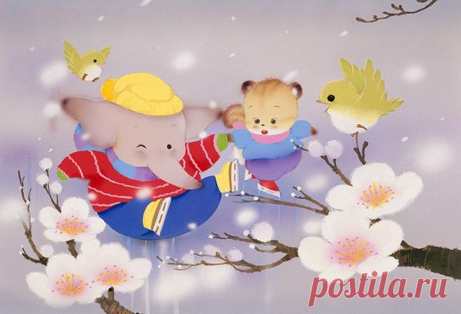 動物イラスト　梅の花、スケートをするゾウ、リス、小鳥達