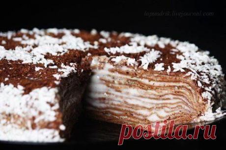 Блинный торт. 
Ингредиенты
4 ст.л. муки (можно цельнозерновую)
4 ст.л. крахмала
1 яйцо
300 мл молока
250 мл водыПолезные
шоколад — 50 грамм
какао — 3 ст.л.
соль, сахар по вкусу
1 ст.л. растительного масла
для крема
молоко — 0.5 л
сахар ванильный — 50 грамм
крахмал кукурузный или картофельный — 40 грамм
Приготовление читайте по ссылке:
https://kr1n.ru/5jr 
•••