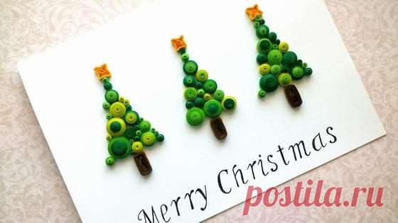 Красивая новогодняя открытка своими руками. Елки в технике квиллинг