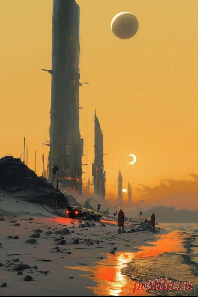 Рисунок. Фантастика. Пейзаж. Закат. Башни.