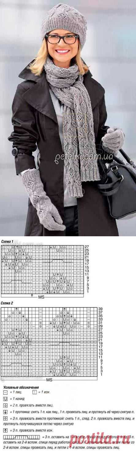 Шапка, шарф и длинные перчатки. Описание вязания, схемы