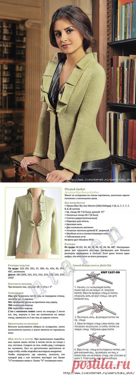 Вязание спицами - Строгий элегантный жакет с воротником в складочку
