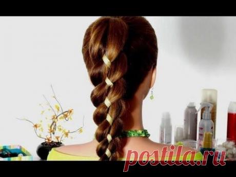 Коса из 4-х прядей (3+1 лента). - YouTube