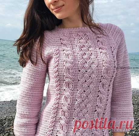 Пуловер крюком с переплетенными косами.

 Стильный пуловер крючком со схемами