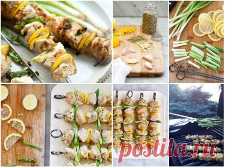 Куриные шашлыки с лимоном и зеленым луком 

Ароматный шашлык из кусочков куриной грудки с ломтиками лимона и стеблями зеленого лука. Выдерживаем кусочки курицы 30 минут в маринаде из растительного масла, чеснока, орегано, сока и цедры лимона.